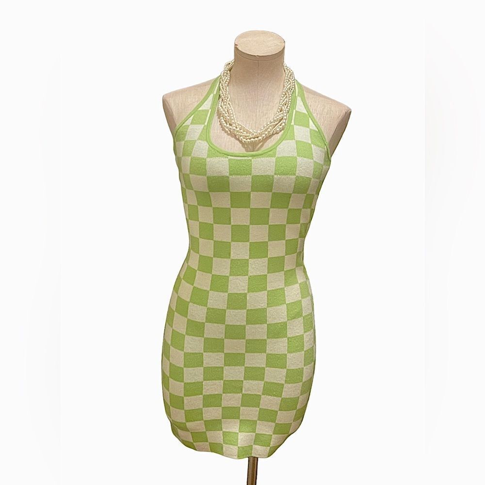 NWT Lime Green Halter Checkered Mini Dress by Just Polly